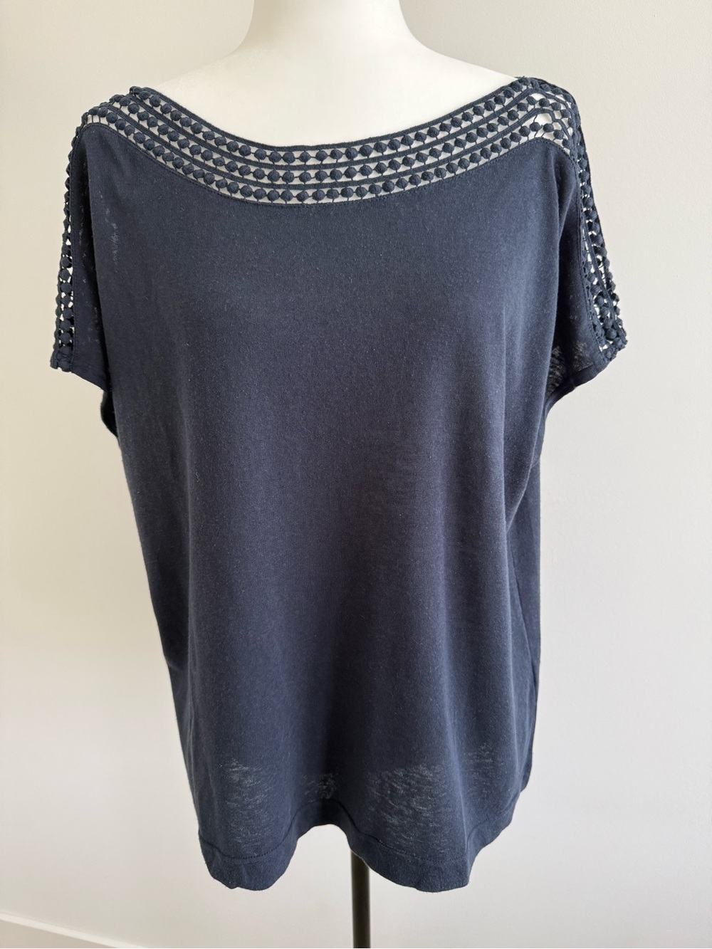 Women’s Navy Short Sleeve Knit Top with Openwork Yoke